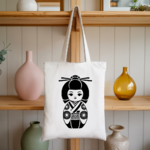 Tote bag femme inspiration japonaise en couleur suspendu, illustration poupée Kokeshi - MARJANE et Cie