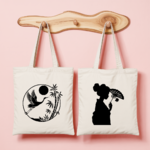 Tote bag femme inspiration japonaise avec grue et bambou et silhouette à l’éventail en noir et blanc - MARJANE et Cie