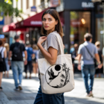 Tote bag femme porté, illustration de grue et bambou - MARJANE et Cie