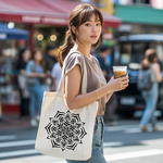 Tote bag femme porté, mandala graphique monochrome visible, flocage - MARJANE et Cie