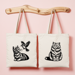 Tote bag femme avec illustrations de chat fasciné et chat monochrome élégant – MARJANE et Cie