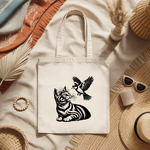 Tote bag chat femme illustré posé à plat, vue de dessus – MARJANE et Cie