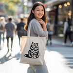 Tote bag chat femme porté par une femme – illustration monochrome verso – MARJANE et Cie