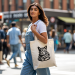 Tote bag chat femme porté par une femme avec naturel – illustration monochrome - MARJANE et Cie