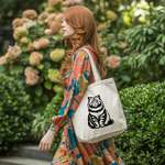 Tote bag chat femme porté par une femme stylée – monochrome noir élégant - MARJANE et Cie