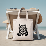 Tote bag chat femme adossé à une chaise – portrait comique - MARJANE et Cie