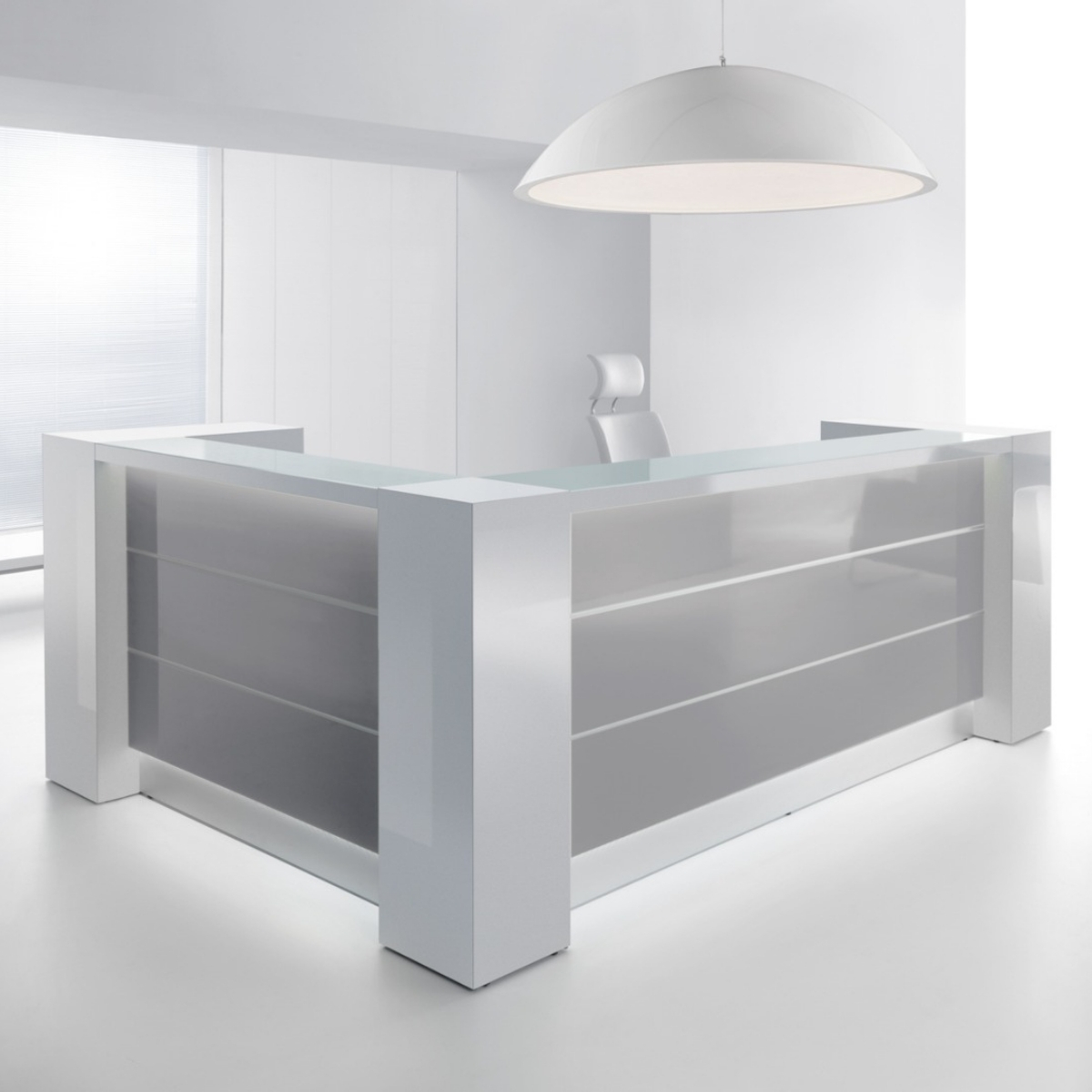 Banque d’accueil lumineuse en angle avec rangements intégrés