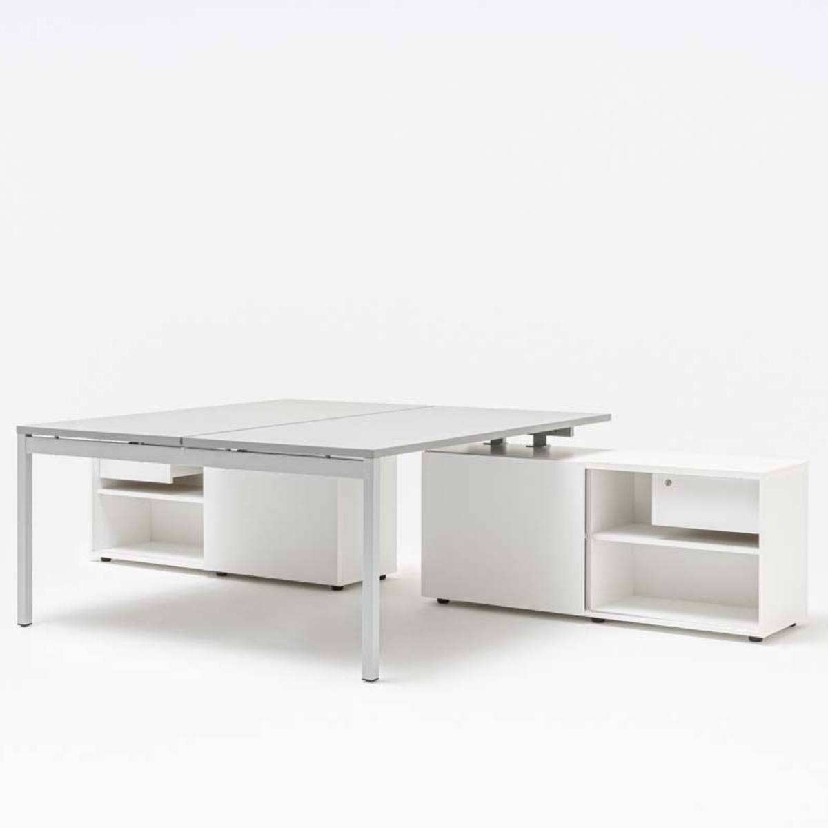 Bureau double avec rangements intégrés et piètement arche métallique