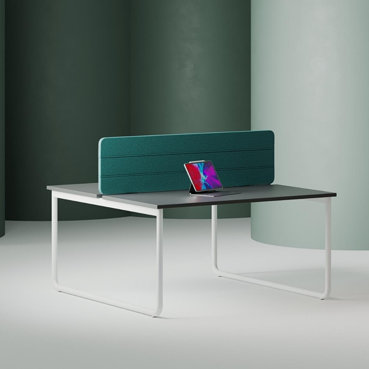 Bureau bench 2 places avec plateau arrondi et piètement coloré