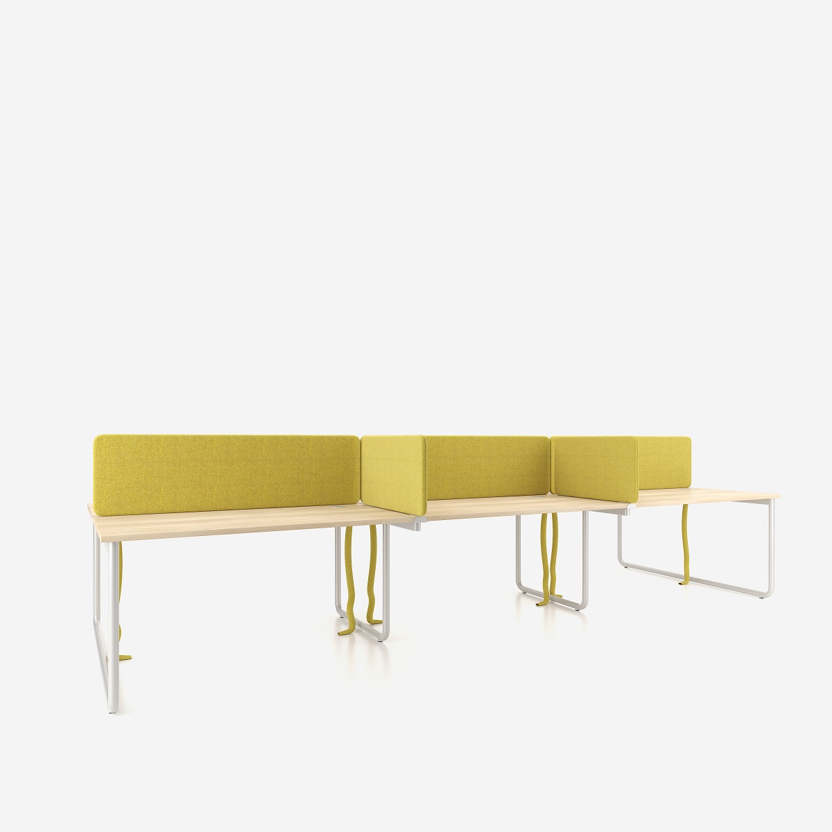 Bureau bench 6 places avec plateau arrondi et piètement coloré