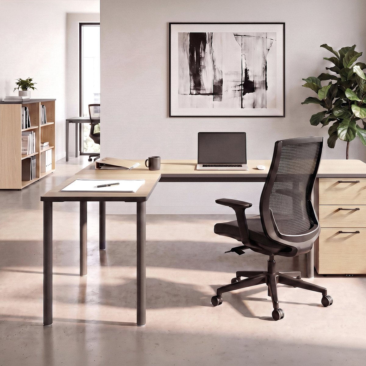 Bureau d\'angle avec retour, pied arche coloré et coins arrondis