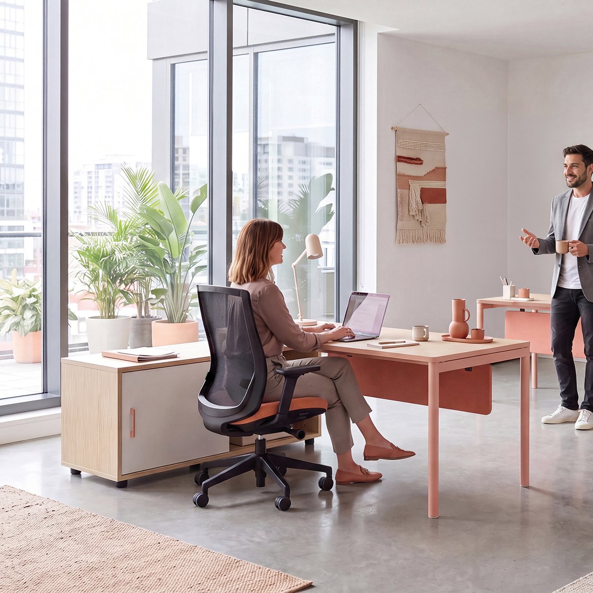 Bureau avec rangement et console à porte coulissante