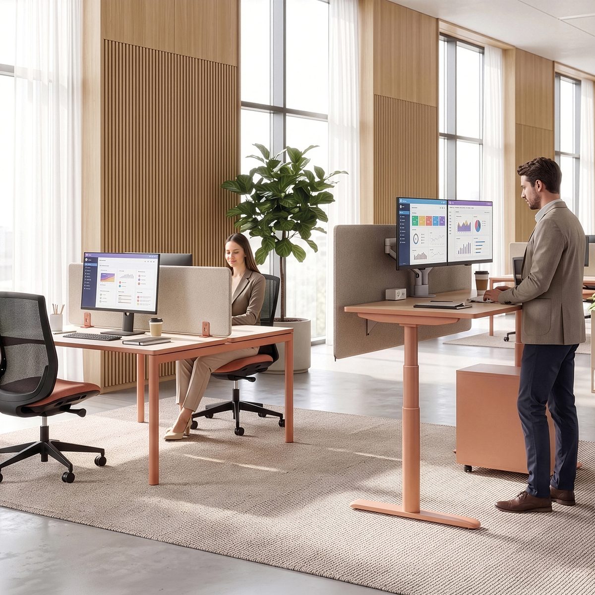Bureau assis-debout électrique coloré, 4 mémoires et prises USB
