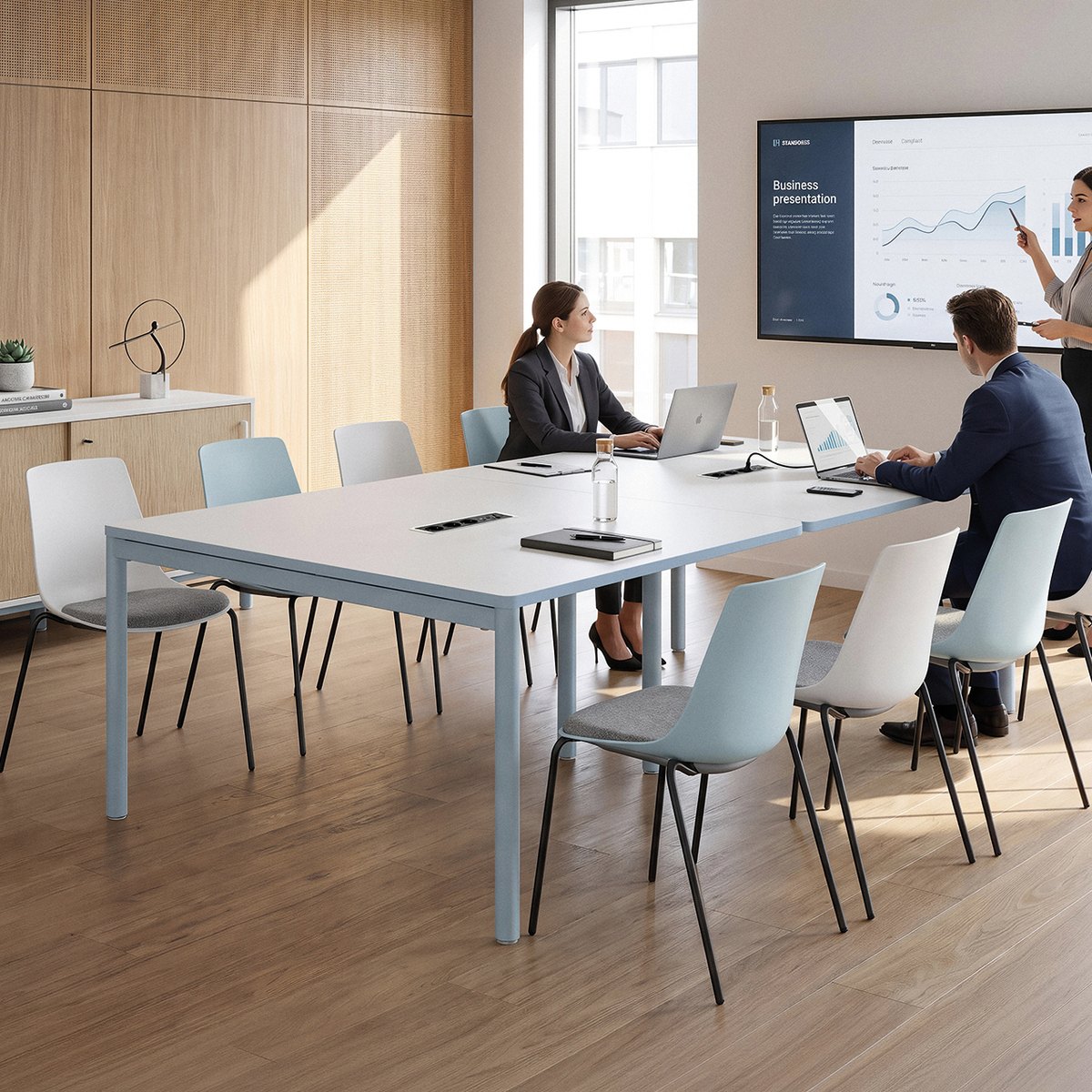 Table de réunion carrée 4 à 6 personnes, électrification au choix