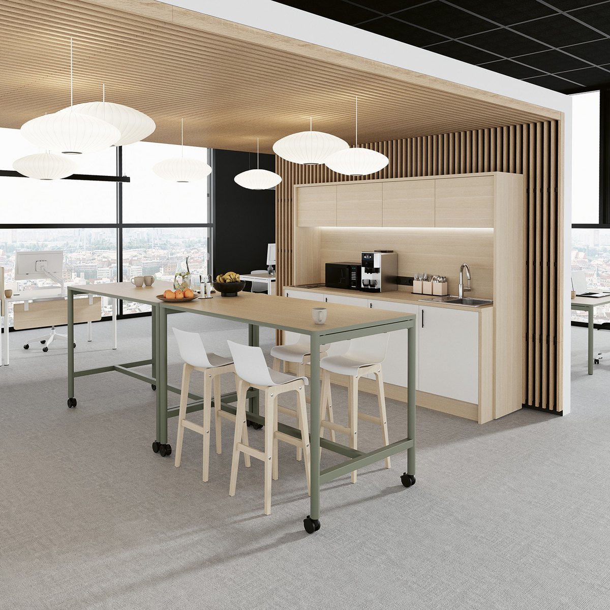 Table haute mobile sur roulettes, électrifiée pour le coworking