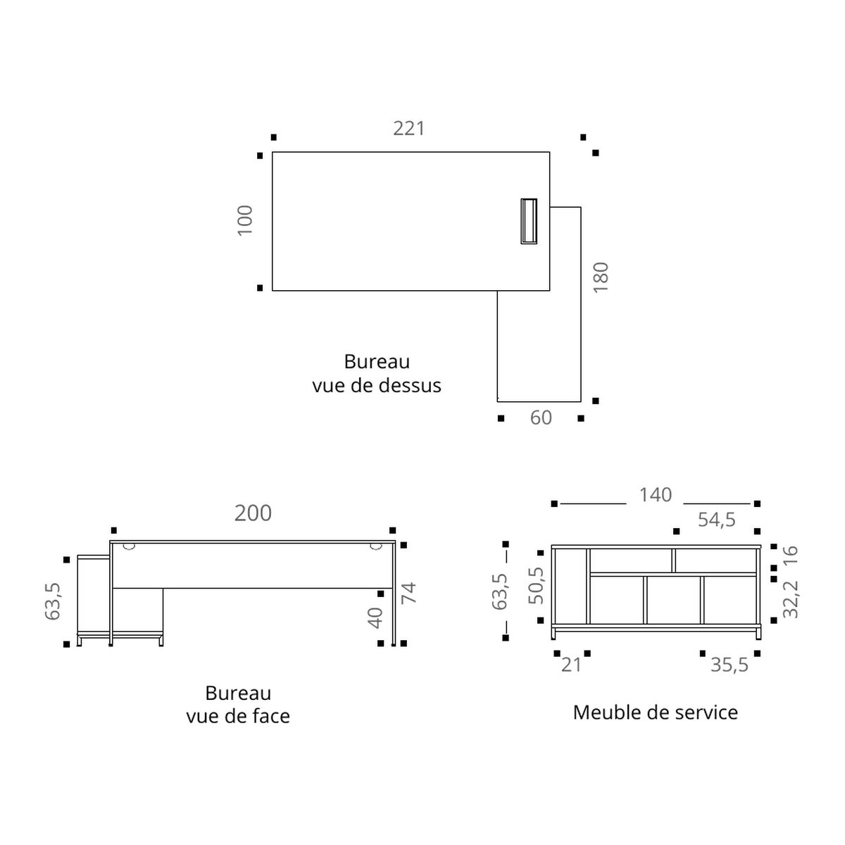 Plan coté du bureau sur meuble de service et de ses niches