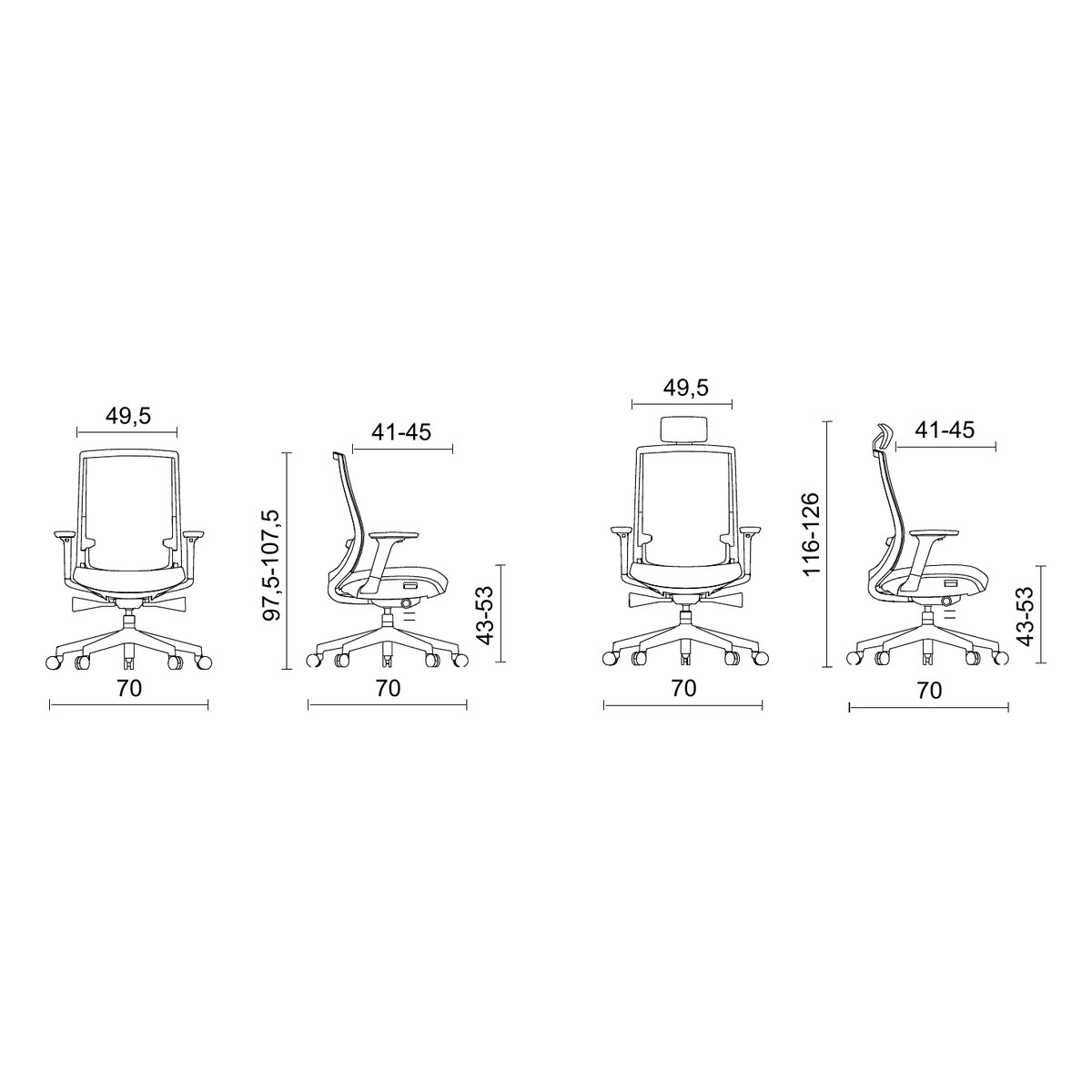 Schéma coté du fauteuil de bureau résille, sans et avec têtière