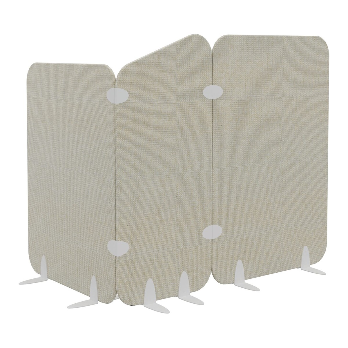 Trois cloisons acoustiques beige reliées en angle droit sur pieds fixes blancs