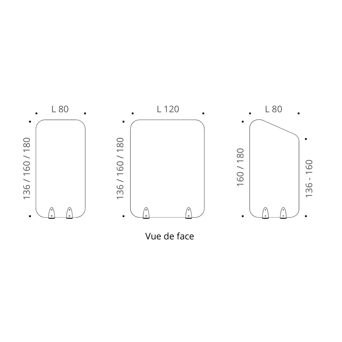 Schéma des formats de cloison acoustique : largeur 80, largeur 120 et modèle incliné