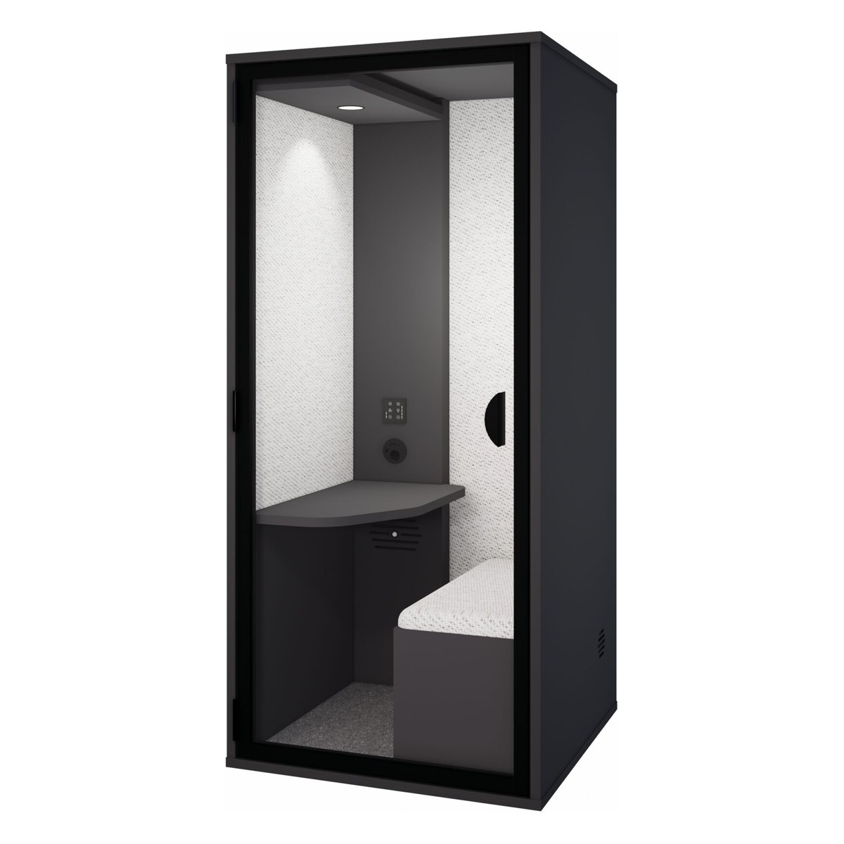 Cabine individuelle assise anthracite avec banquette et tissu gris clair, fond plein