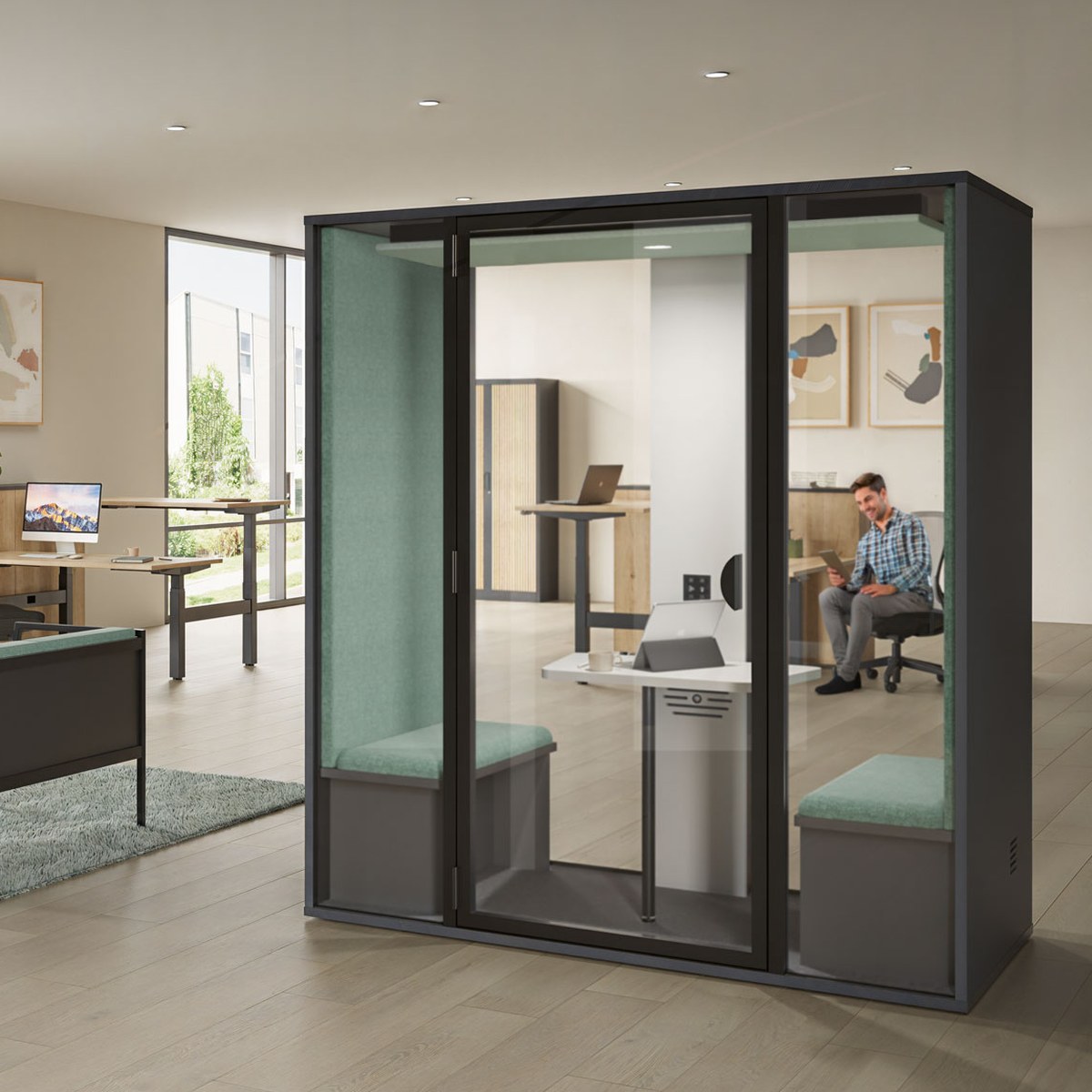 Cabine acoustique 2 personnes avec table et banquettes face à face