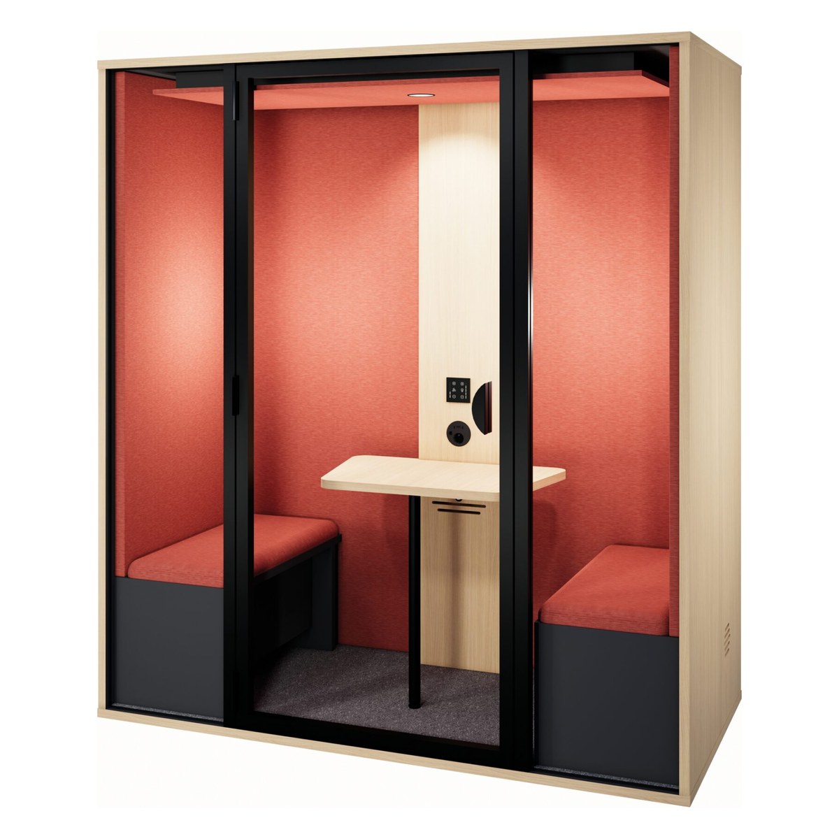 Cabine 2 personnes en chêne fil à tissu rouge et fond plein, avec table centrale et deux banquettes