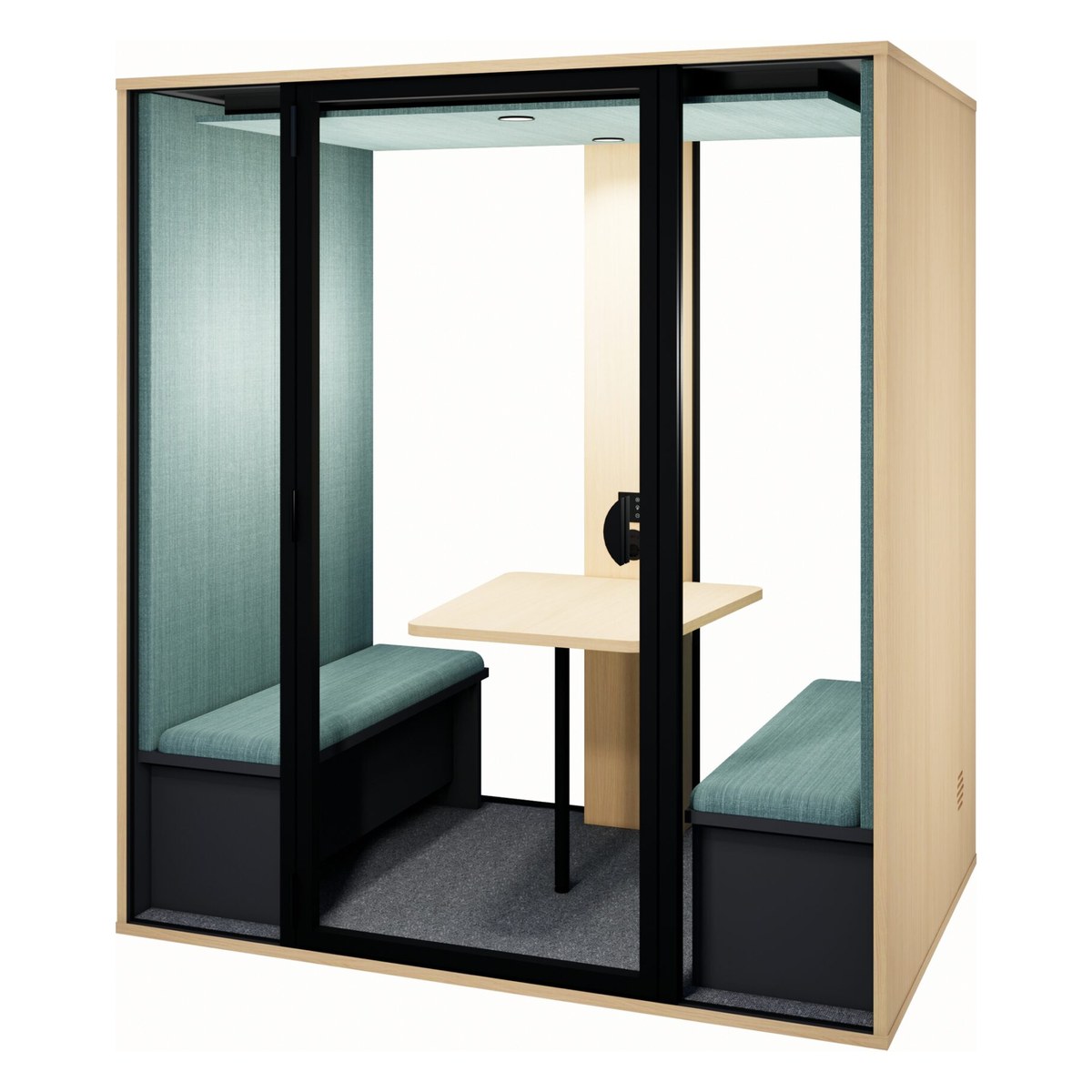 Cabine 2 personnes en chêne fil à tissu vert deau et fond vitré