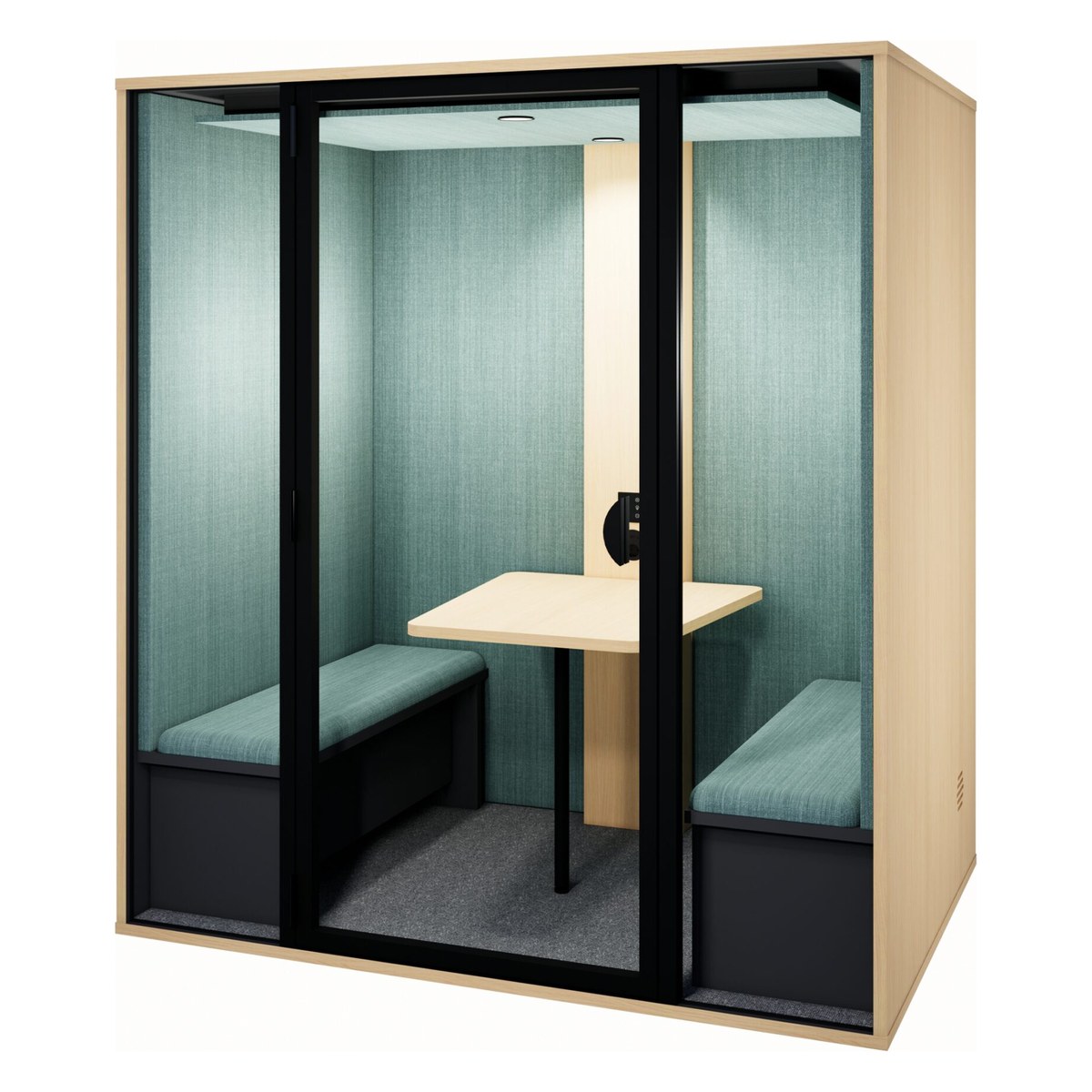 Cabine 4 personnes en chêne fil à tissu vert deau et fond plein, avec deux banquettes et une table