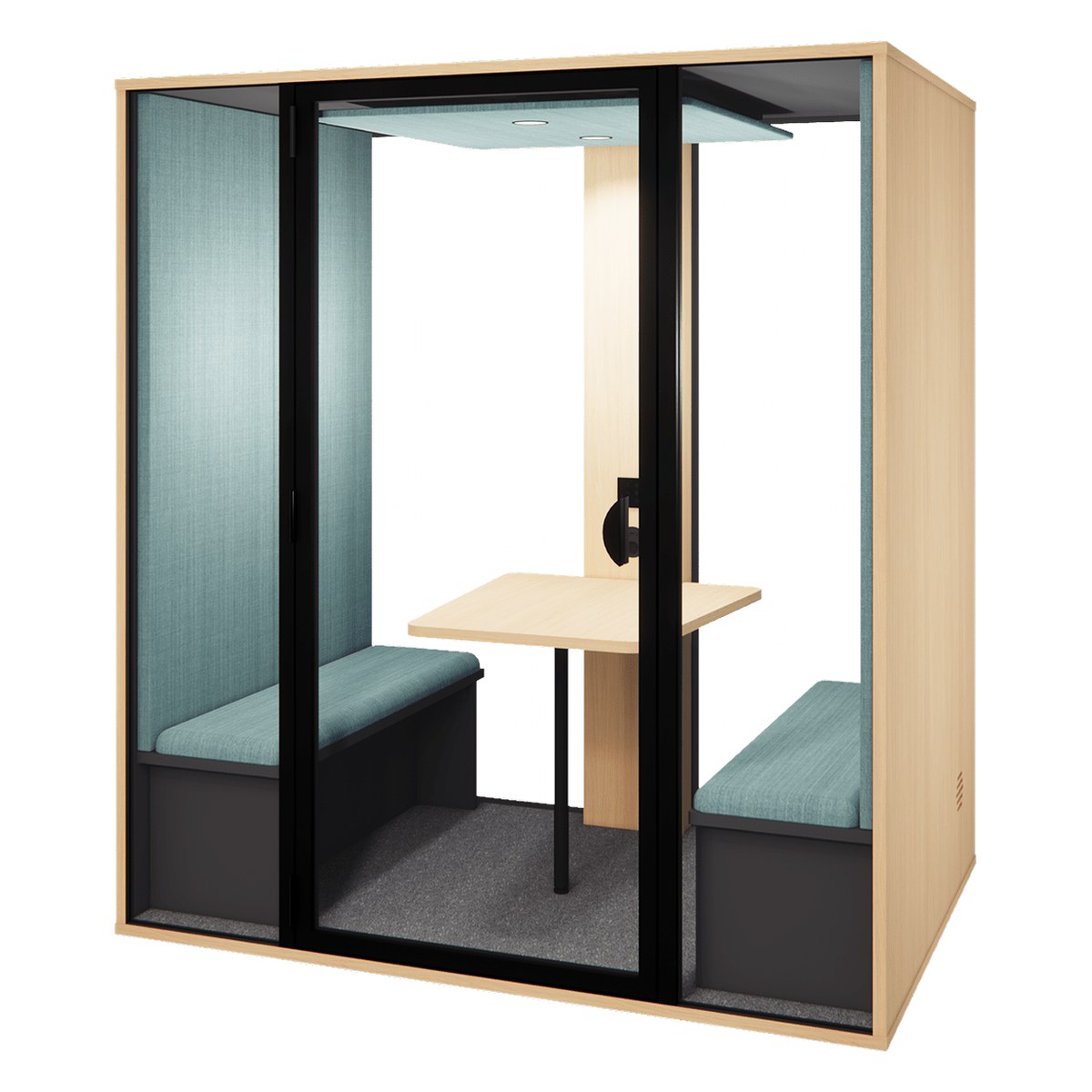 Cabine 4 personnes en chêne fil à tissu vert de gris et fond vitré