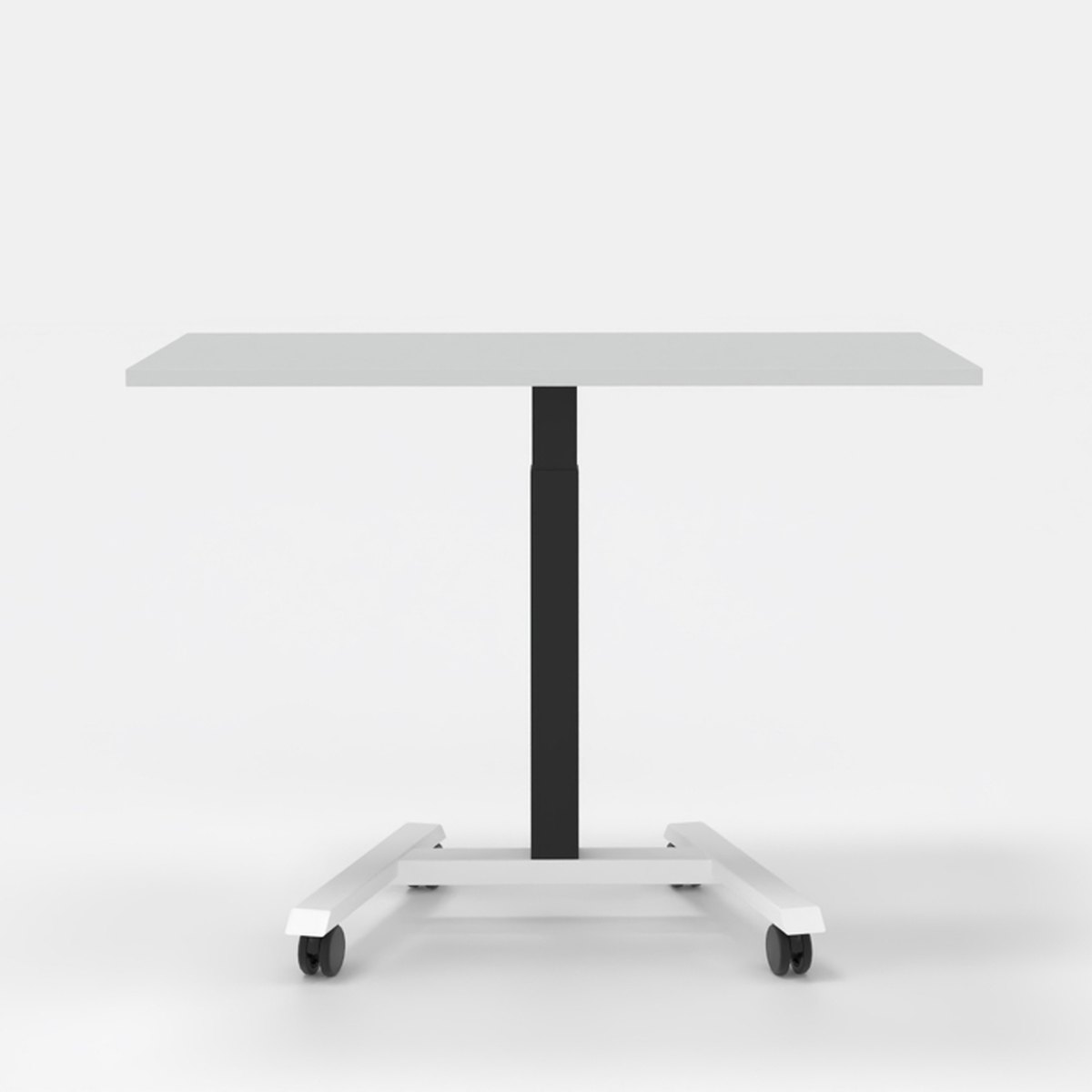 Bureau compact réglable en hauteur vu de face, colonne noire et piétement blanc