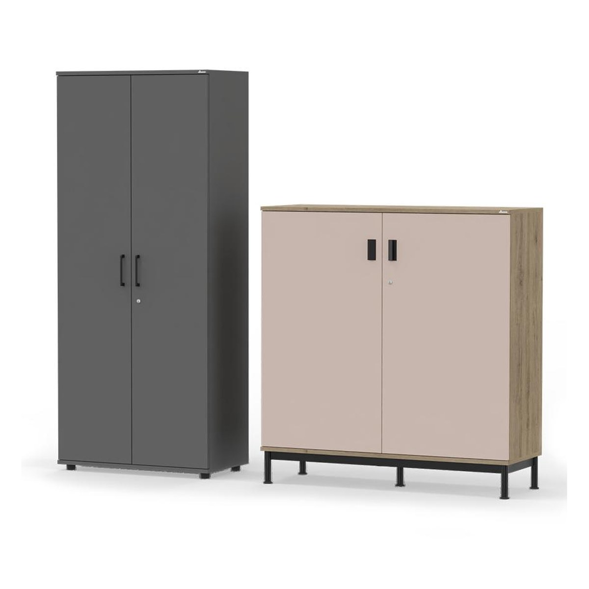 Armoire haute graphite et armoire basse rose clair sur piétement métal