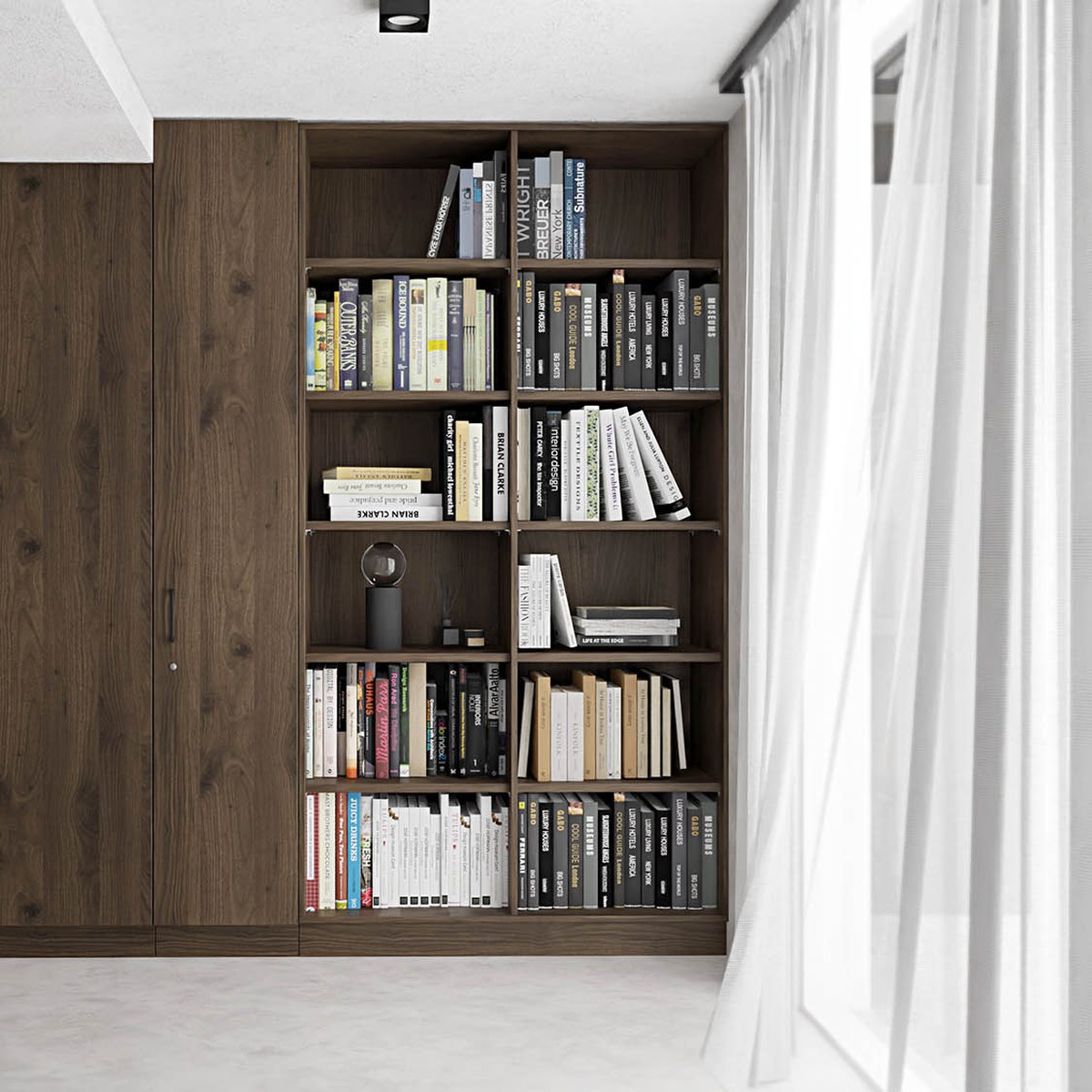 Étagère haute en noyer brun remplie de livres à côté darmoires assorties