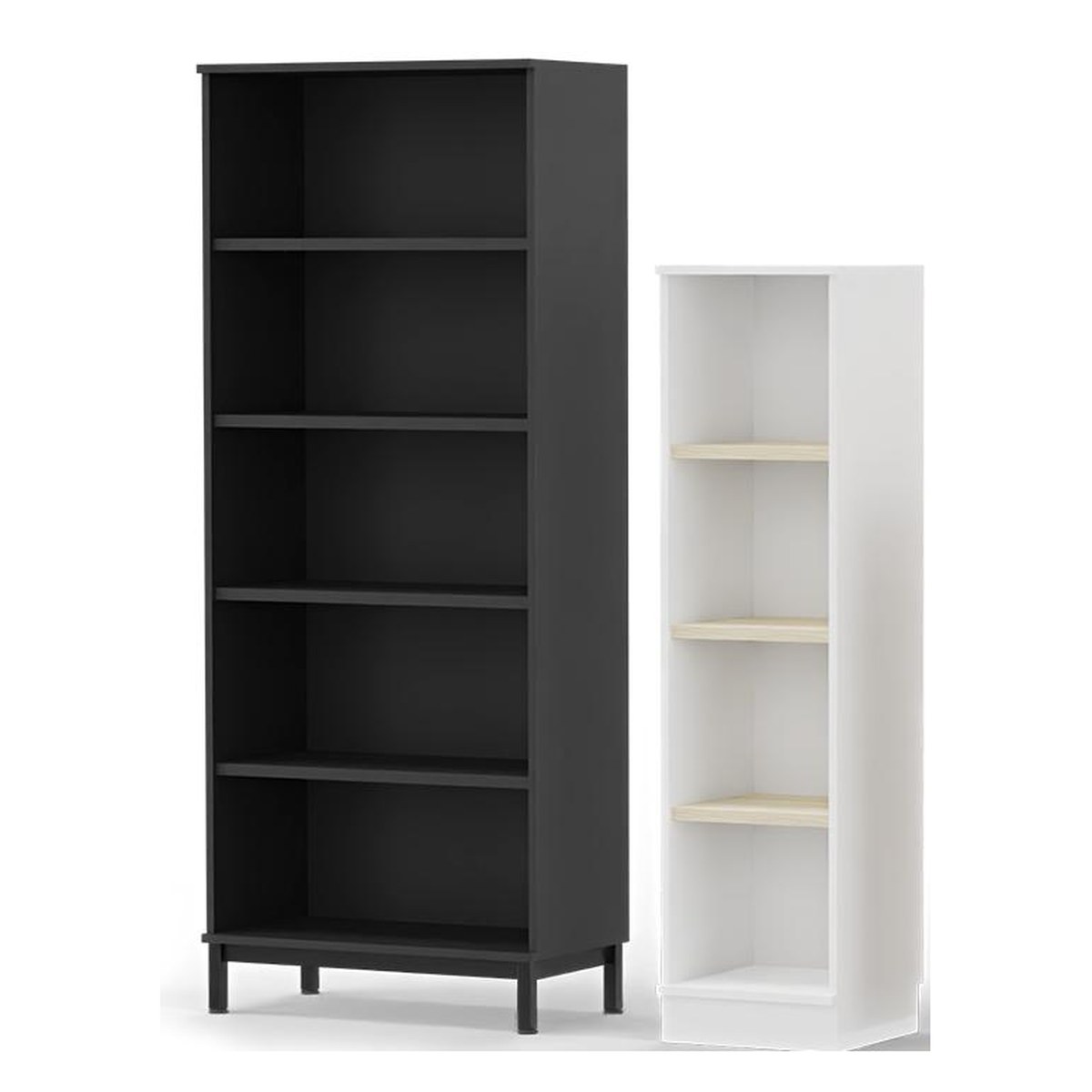 Étagère haute noire et colonne étroite blanche sur fond blanc