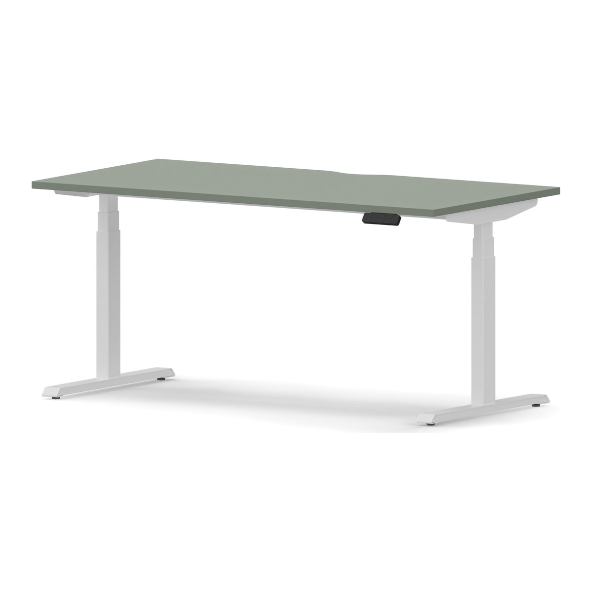 Bureau assis-debout électrique, plateau vert roseau et structure blanche en position assise