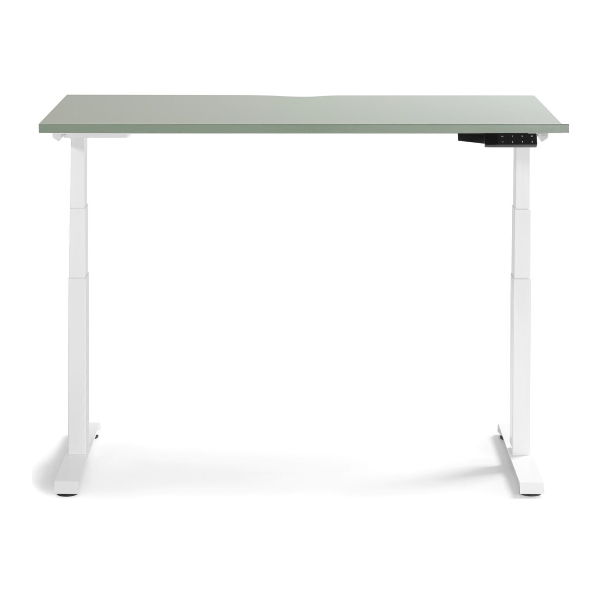Bureau assis-debout électrique vert roseau et blanc relevé en position debout