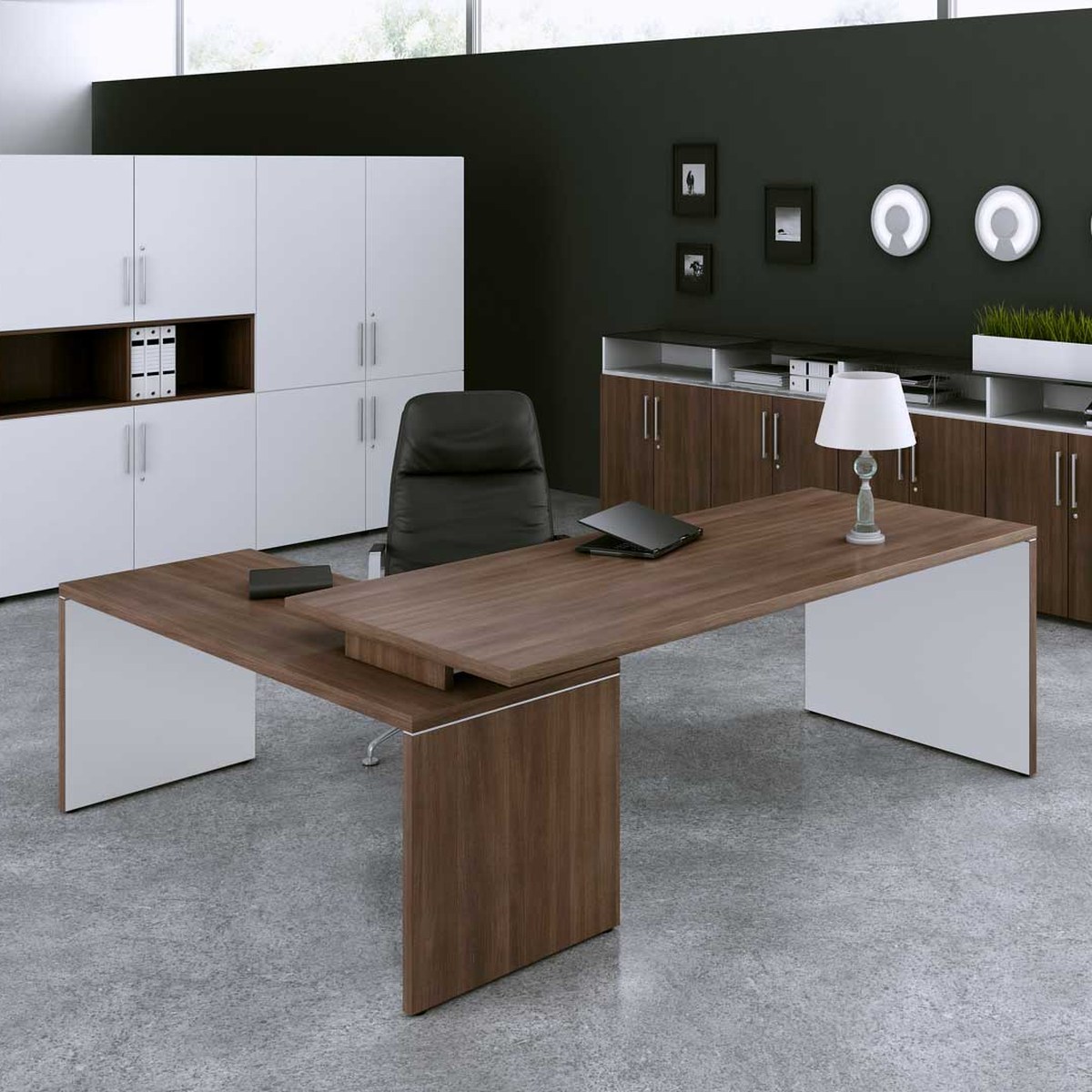 Bureau de direction à pieds panneaux avec décor bicolore au choix