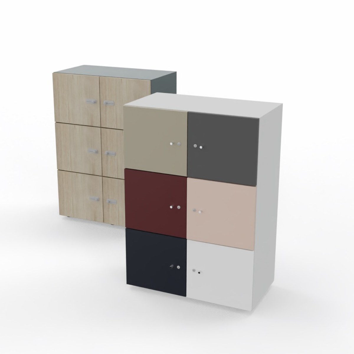 Casiers de bureau 6 portes, lun aux portes de couleurs panachées, lautre en décor bois