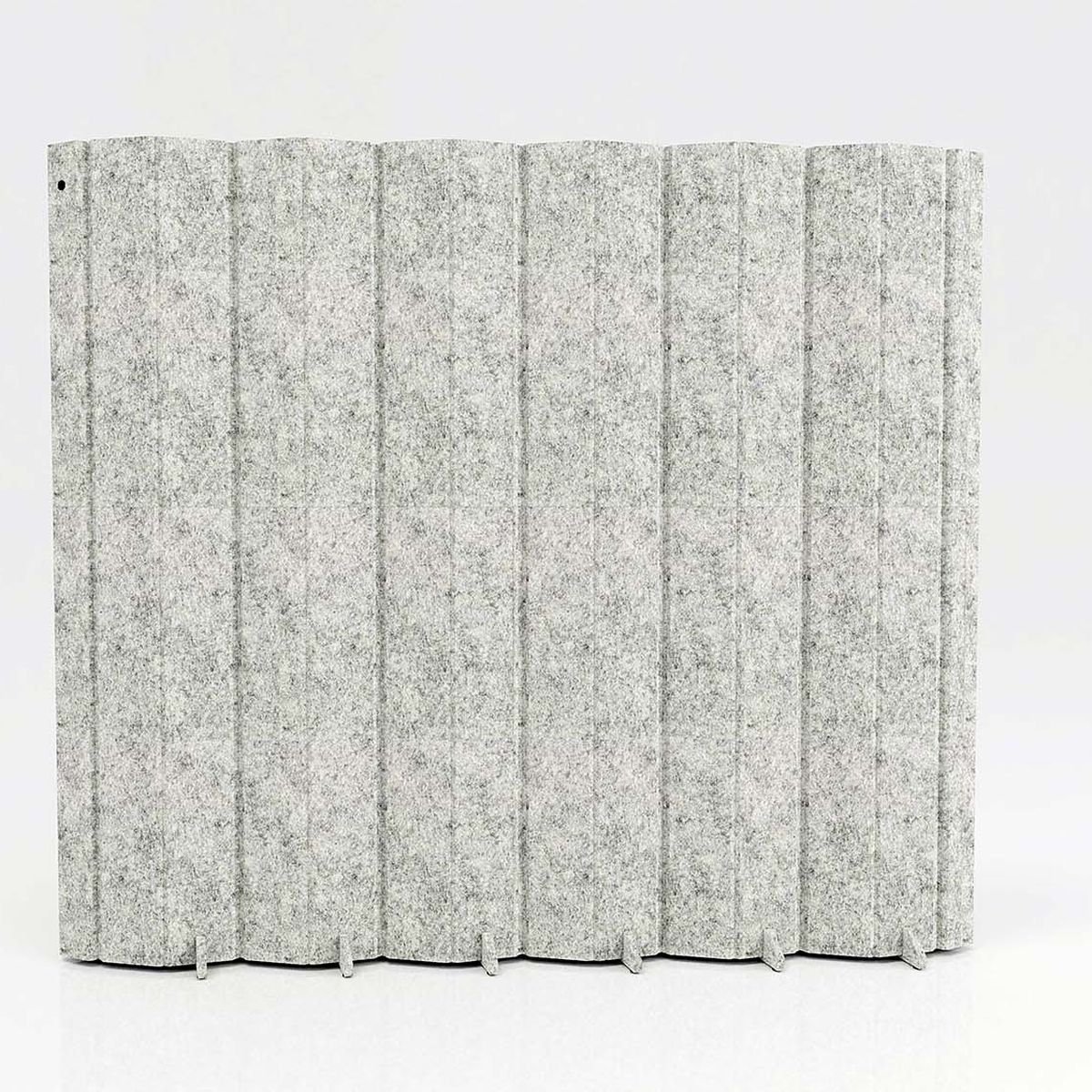 Paravent acoustique en feutre gris clair vu de face, plis verticaux et pieds de nivellement