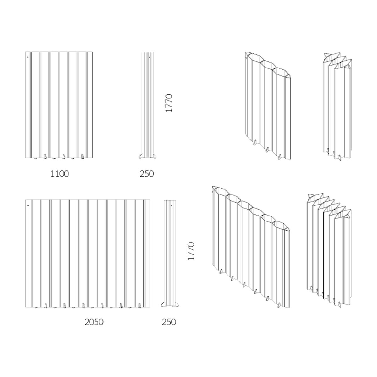 Schéma coté des paravents pliants 3 et 6 modules, 110 et 205 cm de long pour 177 cm de haut