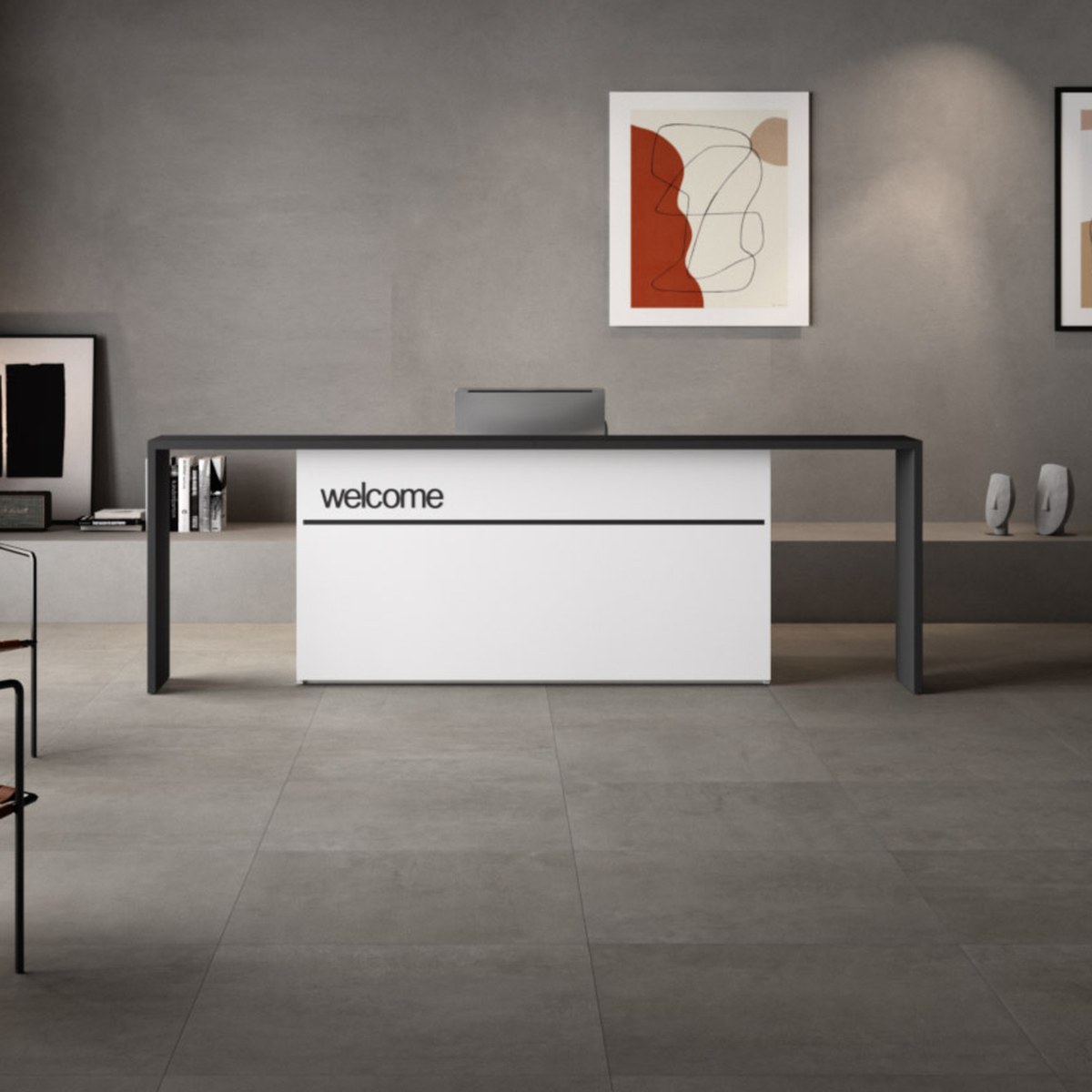 Banque d\'accueil en L ou en U avec rehausse pour les visiteurs
