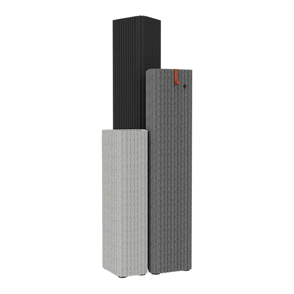 Colonnes acoustiques en feutre noir, gris moyen et gris clair sur fond blanc