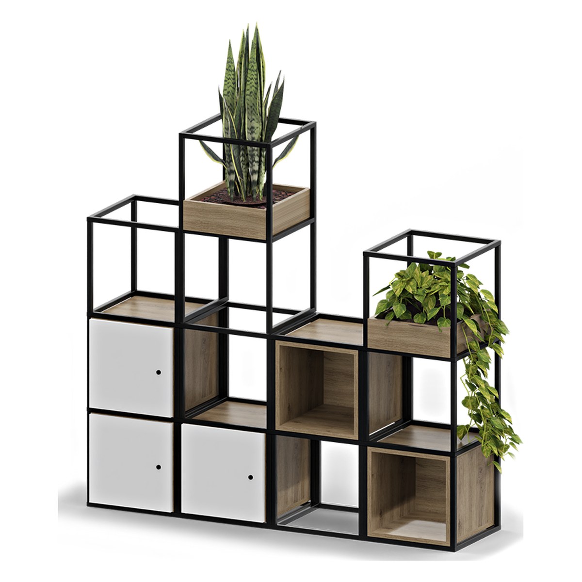 Séparateur modulaire en acier noir avec caissons à porte blancs, caissons ouverts bois et bacs à plantes