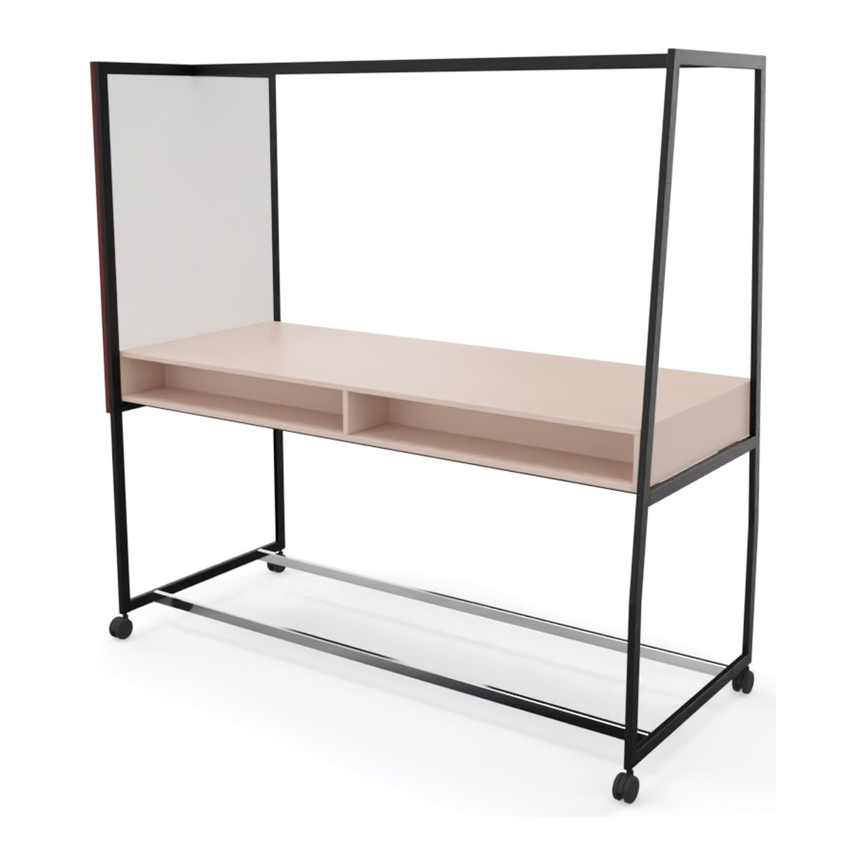 Table haute mobile à cadre noir et plateau rose clair, vue côté tableau blanc