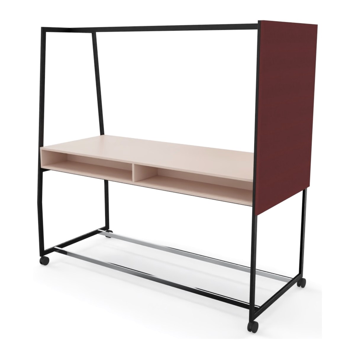 Table haute mobile à cadre noir, vue côté panneau en tissu épinglable bordeaux