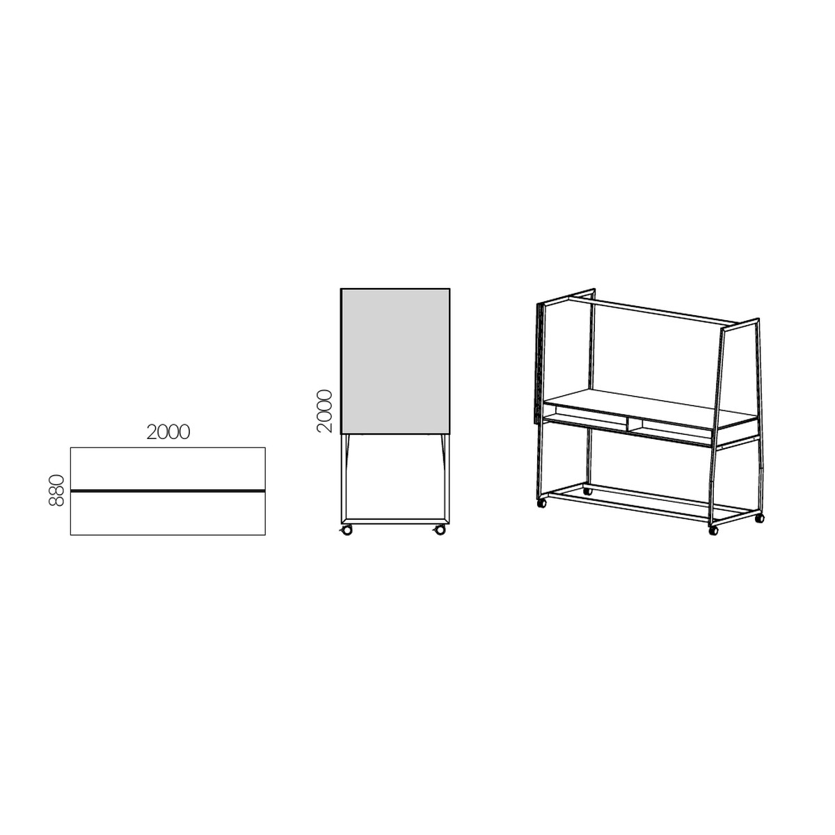 Schéma de la table haute de réunion mobile : 200 x 88 cm, hauteur 200 cm