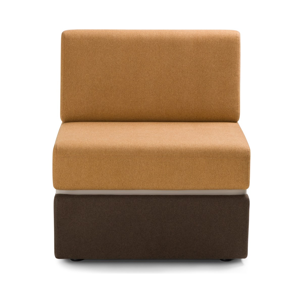 Module droit avec dossier, assise ocre et base tapissée marron, vue de face