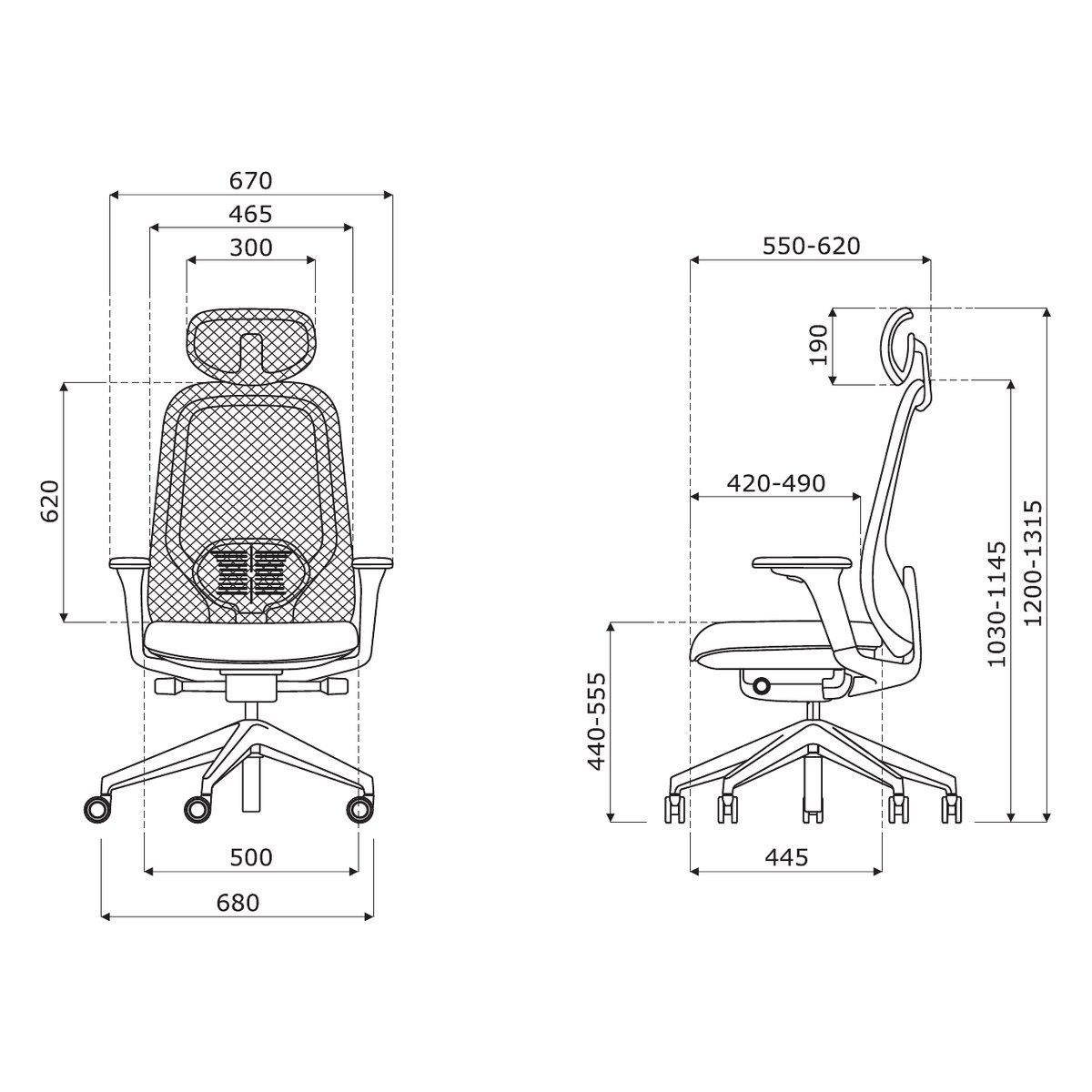 Schéma coté de la chaise de bureau ergonomique de face et de profil, avec appui-tête