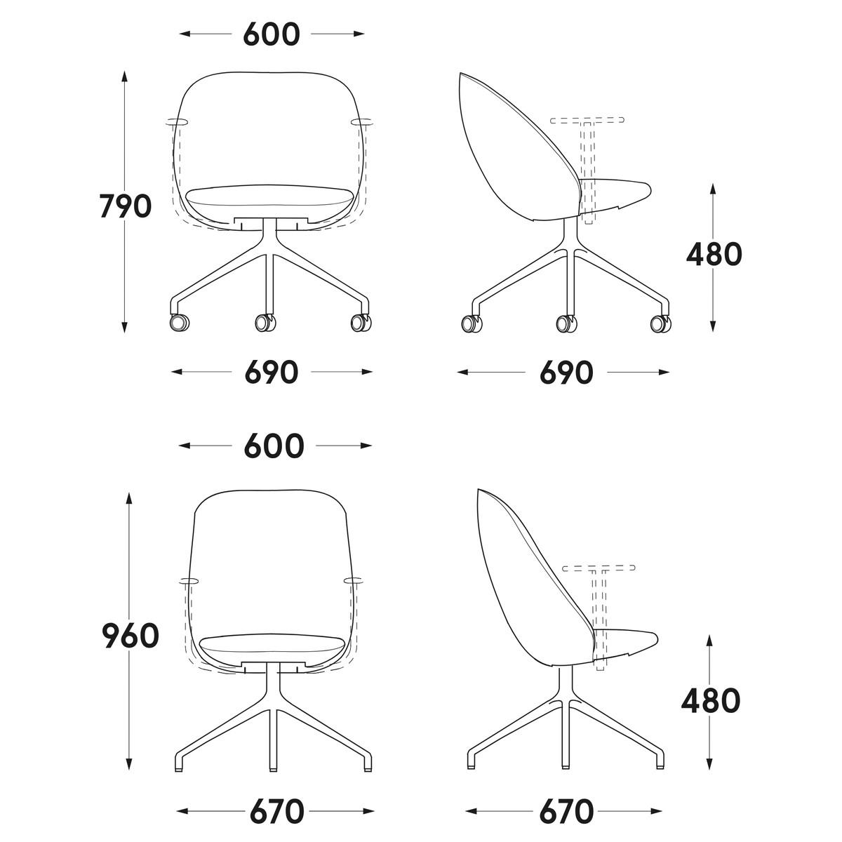 Schéma coté du fauteuil : dossier bas de 79 cm et dossier haut de 96 cm, largeur 60 cm, assise à 48 cm