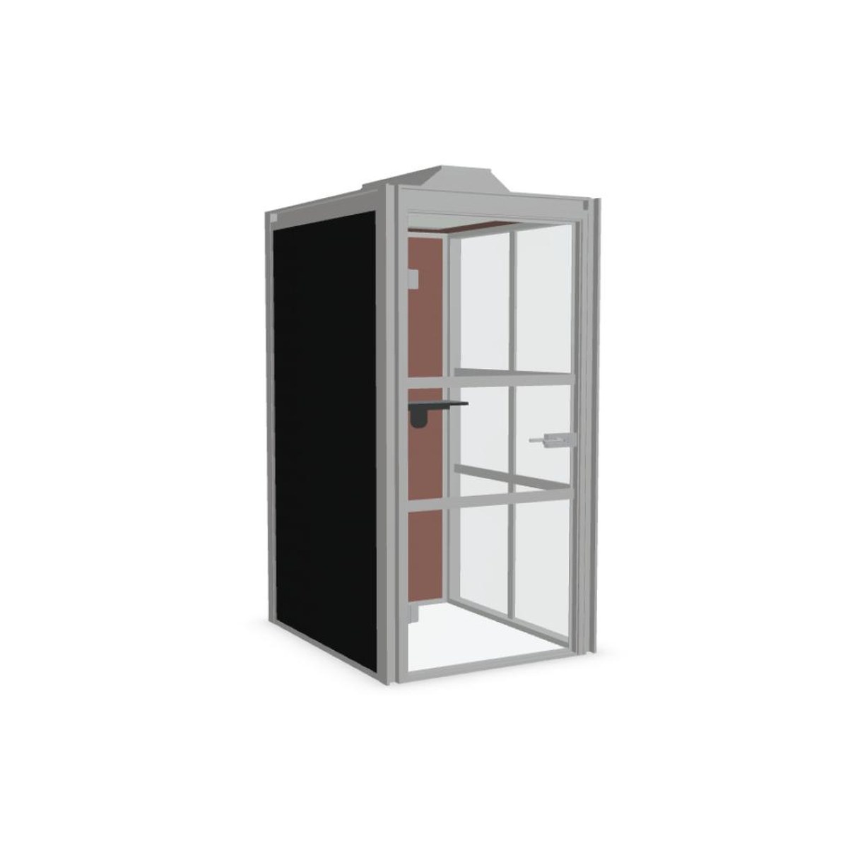 Cabine acoustique individuelle, paroi latérale tapissée et façade vitrée, vue de trois quarts