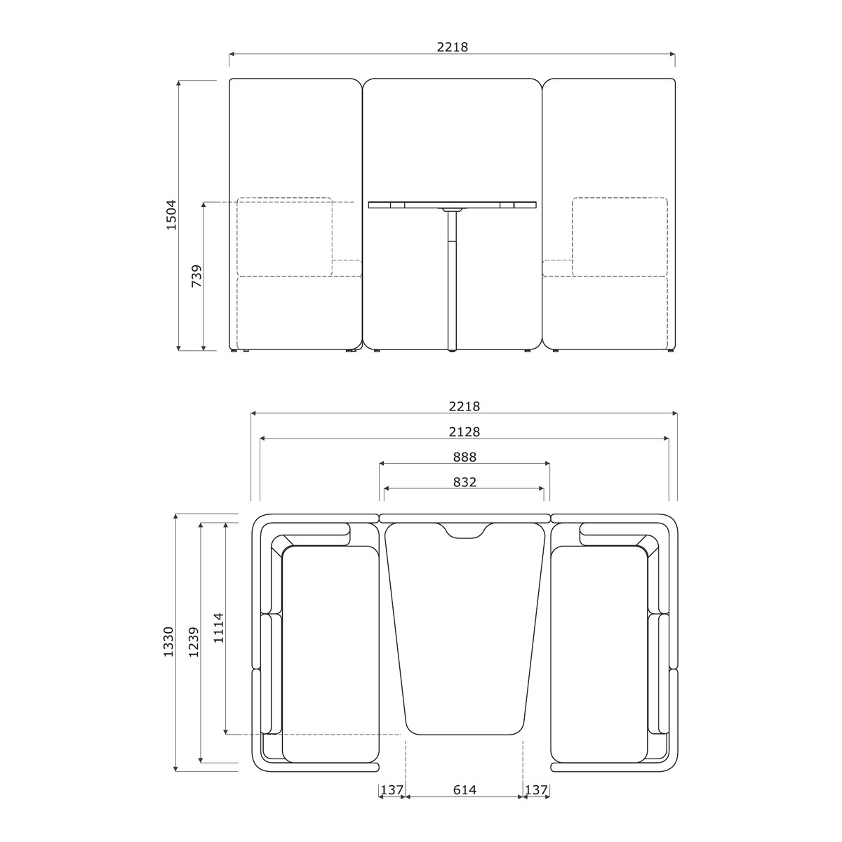 Schéma coté de lalcôve de réunion 4 places, vue de face et vue de dessus